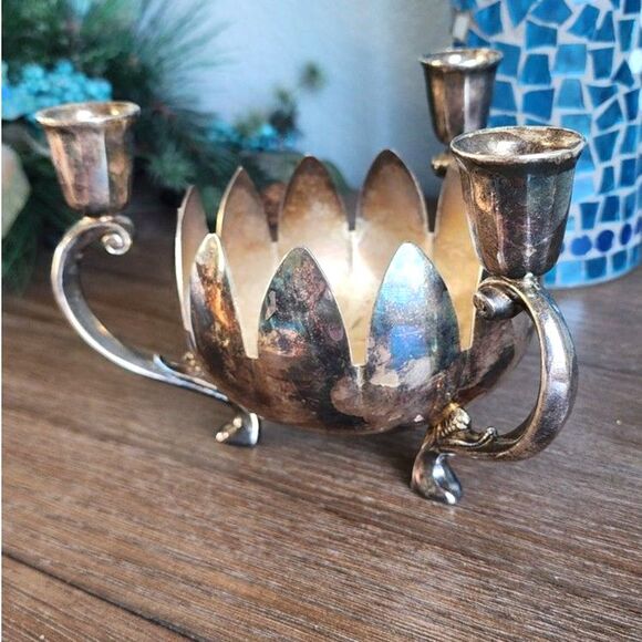 Vintage Italy FB Rogers Lotus Candelabra Candleholder Silver Plated Brass - Picture 1 of 6